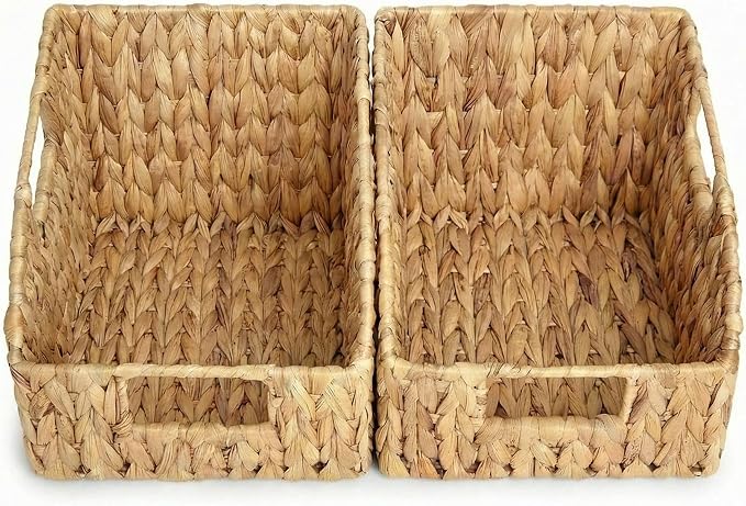 DEILSY™ Water Hyacinth Wicker Storage Baskets for Shelves with Handles 2pk | wicker basket with built-in handles, woven basket, ideal for towels, toys, pantry items and everyday home organization - Image 6