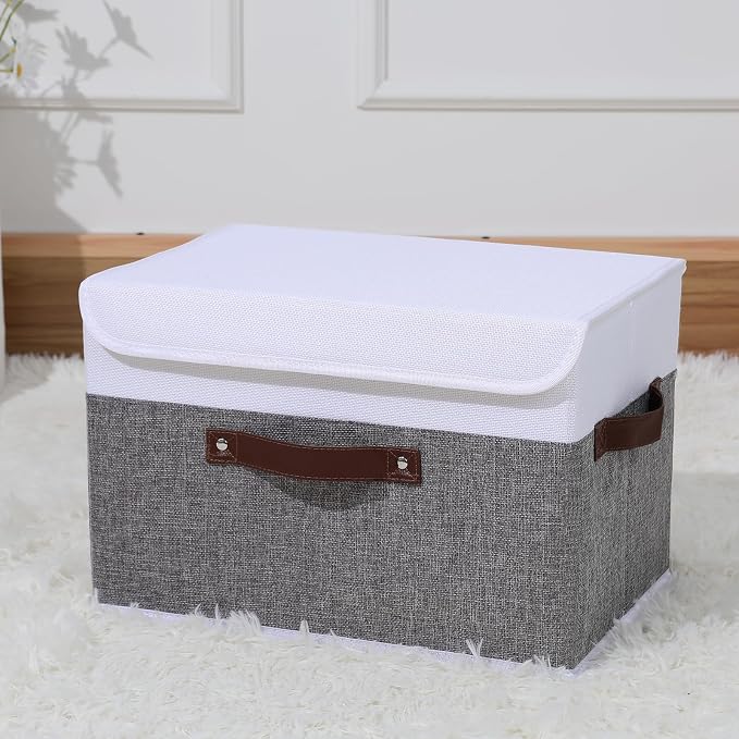 ANMINY Fabric Storage Box Bins with Lids, Gray White, 15"x10"x10" | Keepsake Memory Storage, Cotton Linen, PP Board Reinforced, Washable, PU Handles, Foldable & Stackable, Decorative, Large - Image 6