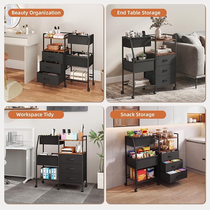 Somdot Baby Diaper Caddy Organizer, 3-Tier Rolling Cart with Drawers | Large-Capacity Metal Nursery Organizer with Removable Dividers, Black Rustic Brown - Image 7