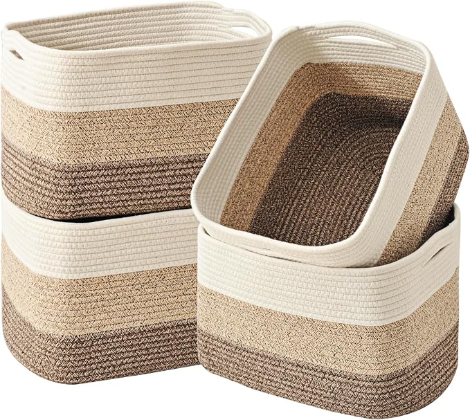ICERZCZ Storage Baskets for Organizing & Shelves, Woven Cotton Rope Organization Bins for Dog Toys, Clothes, Books, Nursery Organizer, 15"Lx11"Wx9.5"H, (4 Packs) Gradient Brown by ICERZCZ