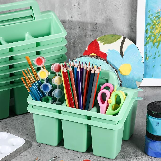 WILLBOND 12 Pcs Classroom Storage Caddies Stackable Utility Caddies with 4 Compartment Plastic Caddy with Handle Portable Storage Bins Organizers for Kids Schools Art Craft Supplies(Green) - Image 6