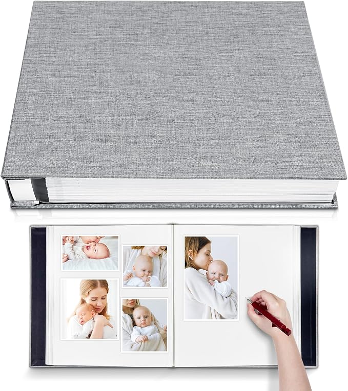 Large Photo Album Self Adhesive for 4x6 5x7 8x10 Pictures Magnetic Scrapbook Album 20 Sheets / 40 Pages Linen Cover DIY Photo Album with A Metallic Pen and and Plastic Board(Grey) by HoneyTolly