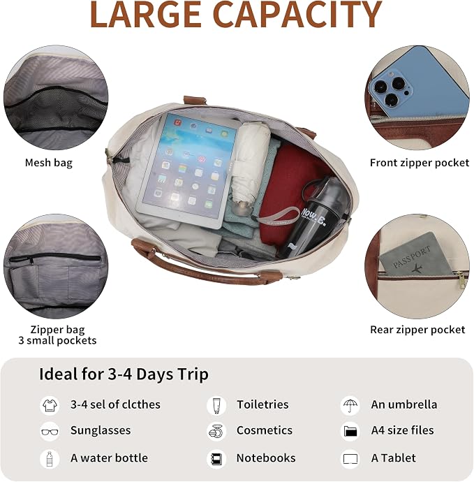 Oeihuivt Weekender Bags for Women - 21 Inch Large Travel Duffel Bag 3-Piece Set with Shoe Compartment, Heavy-Duty Canvas & Leather Carry On Overnight Tote (Airplane Approved) - Image 8
