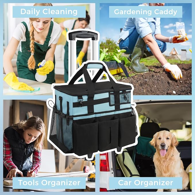 SCAVATA Rolling Cleaning Caddy Bag with Detachable Trolley, Large Cleaning Supplies Organizer with Wheels, Multi Pocket Cleaning Cart with Adjustable Shoulder Strap for Housekeepers & Home, SkyBlue - Image 7