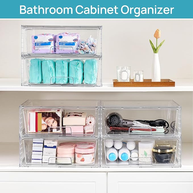 Vtopmart 2 Pack Large Clear Stackable Storage Drawers for Closet, Pantry | Easily Assemble Bathroom Undersink Organizers,Plastic Storage Bins for Cabinet,Kitchen Pantry Organization - Image 6