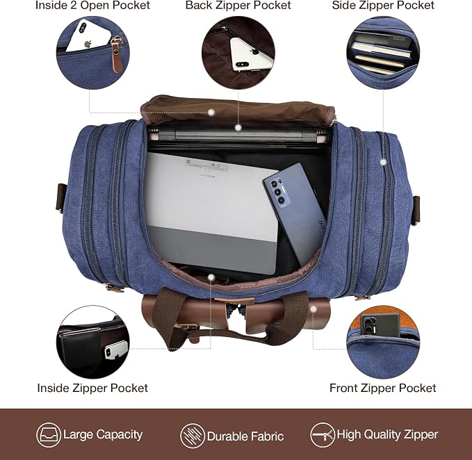 Wildroad Canvas Duffle Bag - 50L Expandable Weekender Overnight Travel Bag | Gifts for Men, Holiday Birthday Gift for Dad, Husband & Partner, Carry-on Size - Image 3