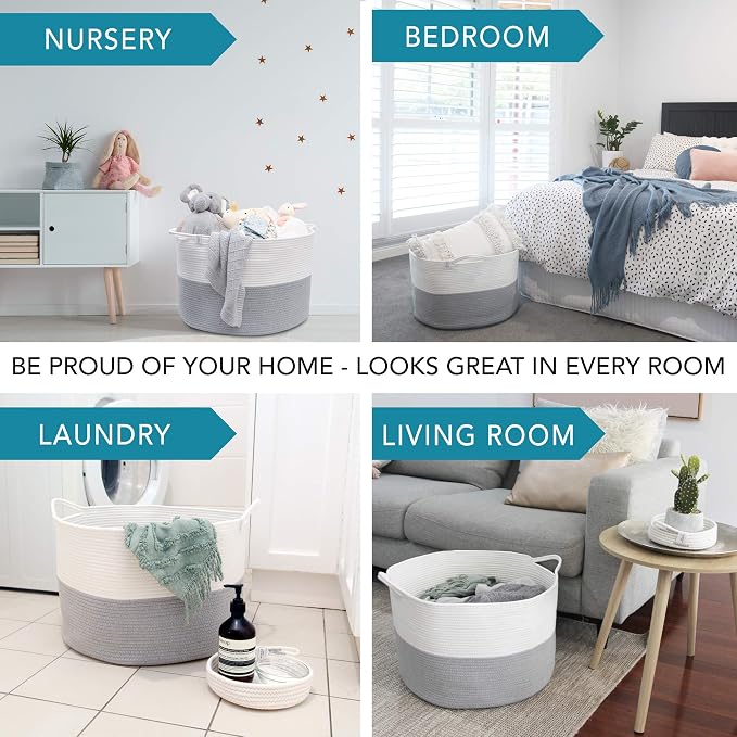 Huddle XXXLarge WASHABLE Blanket Basket for Living Room,Toys Storage, Baby | Woven Decorative Soft Cotton Rope Big Blanket Basket+Mini Basket for Nursery, Dog Toys, Storage, Organization Bins 22x14 Grey - Image 5