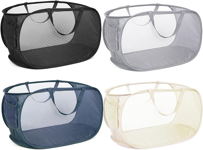 4 Pcs Durable Collapsible Laundry Baskets, Foldable Laundry Basket Large Opening, Pop Up Laundry Hamper with Pocket, Clothes Hamper with Handles for Laundry, Bathroom, Kids Room, Dorm or Trave by Bemkoo