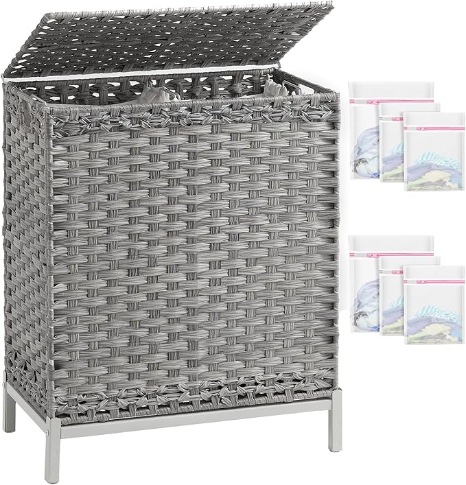 SETVSON Laundry Hamper with Lid, 112 L Handwoven PE Rattan Wicker, Gray | 2-Section Large Basket, 2 Removable Liner Bags, Heightened Metal Feet, 6 Mesh Laundry Bags, Foldable Side Handles by SETVSON