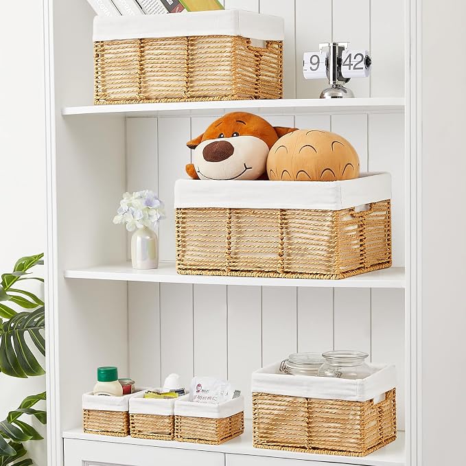 Wicker Storage Basket, 6 Pack Baskets for Organizing, Wicker Baskets with Handle, Rectangular Woven Basket for Storage Shelves, Cube Storage Bins for Closet/Clothes/Dresser, Natural - Image 4