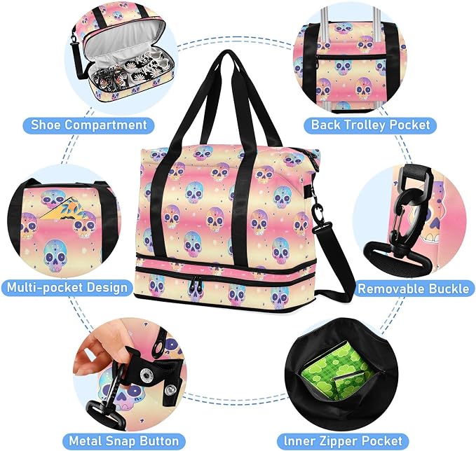 Travel Duffel Tote Bag Cute Skull Head Sports Duffel Bag with Wet Pocket Weekender Overnight Bag for Women Men Gym Bag, Carry On Bag Hospital Bag for Labor and Delivery - Image 2