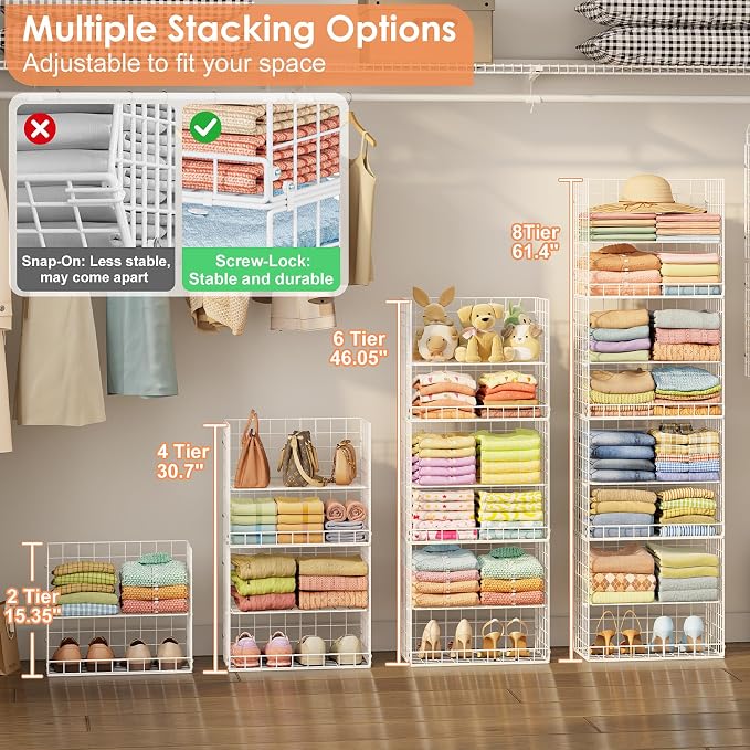8 Tier Extended Width Hanging Closet Organizer, Sweater Storage for Closet Organizer System, Stackable Wire Basket Bins for Clothes Purse Shoes, Hanging Shelves with 4 Hooks & 4 Dividers Adjustable - Image 3
