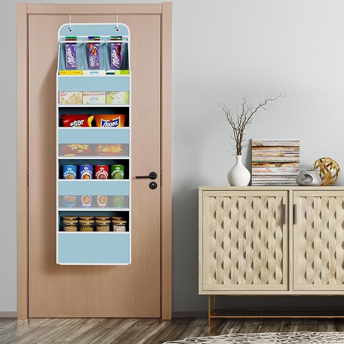 Univivi Fabric Over Door Hanging Organizer for Baby Nursery, Blue, 5-Shelf | Door Storage with Large Capacity Breathable Mesh Pockets, Over the Door Baby Organizer for Baby Essential, Bedroom, and Dorm - Image 6