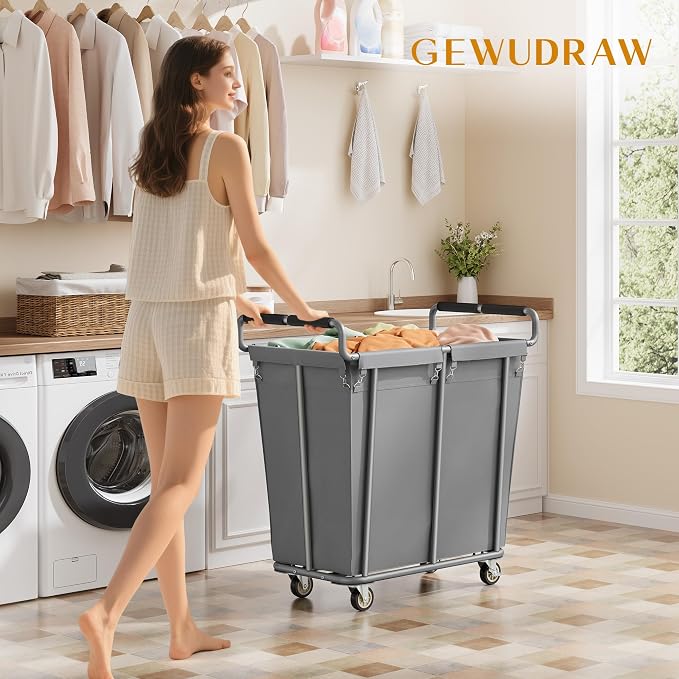 Gewudraw 360L Rolling Laundry Hamper with Wheels, 95 Gallons, Grey | Heavy Duty Extra Large Rolling Laundry Cart with Handle, Steel Frame, Waterproof Liner, Large Clothes Storage Basket - Image 2