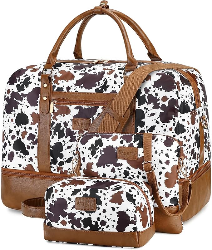 3PCS Weekender Bags for Women Large Overnight Bag, Brown Cow | Weekender Travel Duffel Bags Carry on Shoulder with Shoe Compartment Toiletry Bag Satchel Bag for Travelling Business Gym by Wogarl