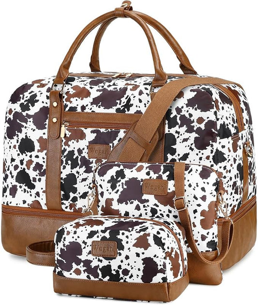 3PCS Weekender Bags for Women Large Overnight Bag, Brown Cow | Weekender Travel Duffel Bags Carry on Shoulder with Shoe Compartment Toiletry Bag Satchel Bag for Travelling Business Gym by Wogarl