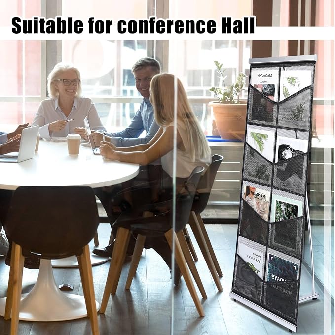 Outus Mesh Literature Brochure Holder with 8 Pocket Portable Magazine Display Roll Up Magazine Rack Lightweight Floor Standing Catalog Office Brochure Display Stand for Business Trade Shows (Black) - Image 2