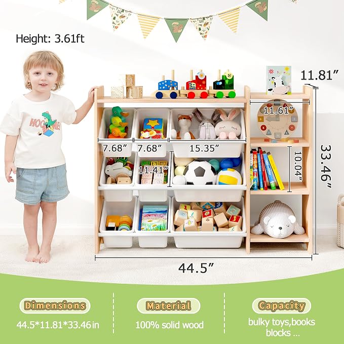 MallBest Kids Toy Storage Organizer with Bins, Solid Pine Wood Frame Toy Storage Cabinet and Kids Bookshelf, 3-Tier Playroom Organizer for Kids Room, Nursery and Bedroom, Natural - Image 3