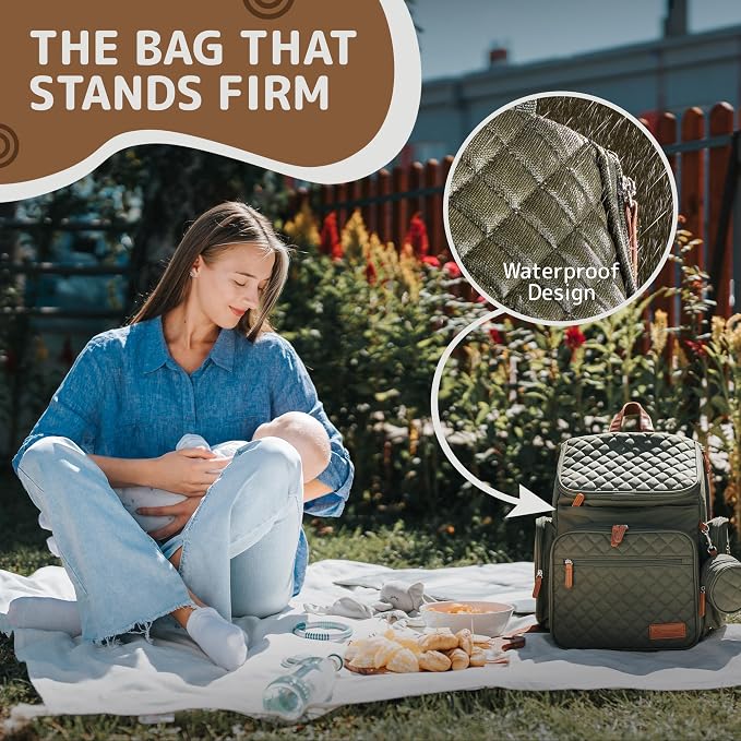 Large Diaper Bag Backpack for Mom & Dad | Unisex Baby Travel Bag | 15 Pockets | Changing Pad | Stroller Straps | Stylish & Washable | Newborn Essentials | Army Green - Image 8