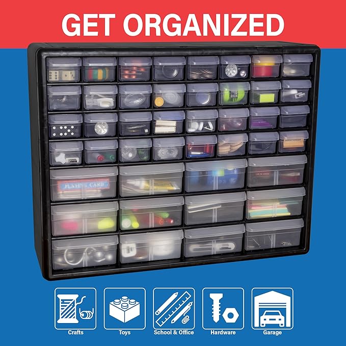 Akro-Mils 44-Drawer Plastic Storage Cabinet, 20"W x 6"D x 16"H, Black | Plastic Cabinet w/ Drawers for Garage Organization, Beads, Building Bricks Storage, Teacher Toolbox, Makeup Organizer, 10144 - Image 4