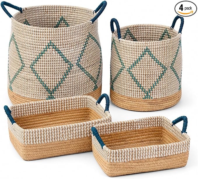 Handwoven Sea Grass Storage Baskets Set of 4-2 Round & 2 Square Woven Bins with Handles by Vietnamese Artisans, Natural Fiber Organizer for Living Room, Bathroom, Nursery, Shelves by Unknown