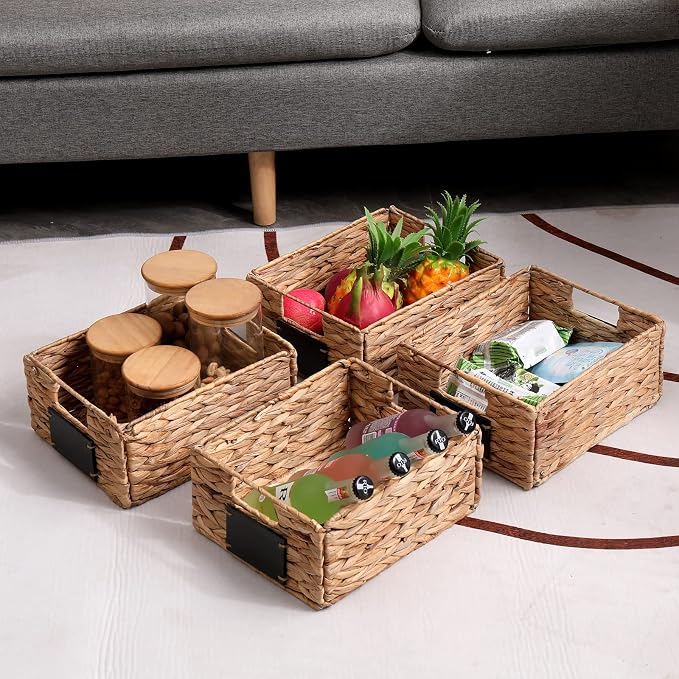 Woven Storage Baskets with Chalk Labels, 10.8x9x4.9 Inch, 4 Pack | Foldable Rectangular Water Hyacinth Organizers with Built-in Handles for Shelves, Pantry, Closet - Image 4