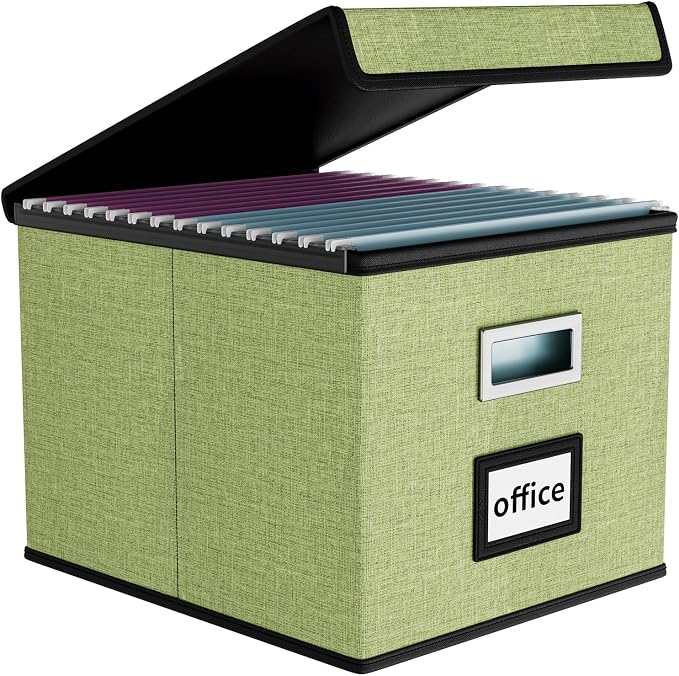 File Organizer Box with Lids, Collapsible File Folder Organizer | File Box with Plastic Slides for Office Document Storage, Filing Bin for Letter Size Hanging File Folders (1 Pack, Green) - Image 2
