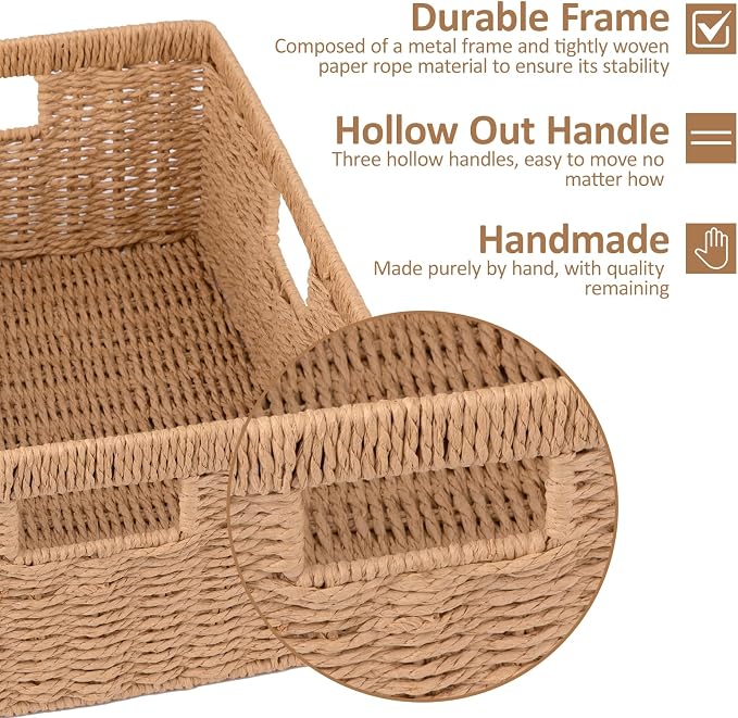 OIAHOMY Wicker Storage Basket, Rectangular Paper Rope Shelf Baskets with Built-in Handles, Woven Decorative Organizer for Pantry, Shelves, Living Room and Bathroom, 1-Pack Natural - Image 2