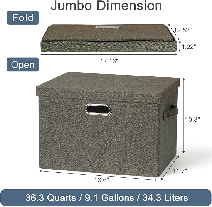 Storage Bins with Lids Fabric Closet Organizers Cubes Office Organization | 36 Quart 3 Pack Dark Green Collapsible Stackable Linen Fabric 4 Handles Bedroom Closet Cabinet Under Bed Clothes Toy Office - Image 2