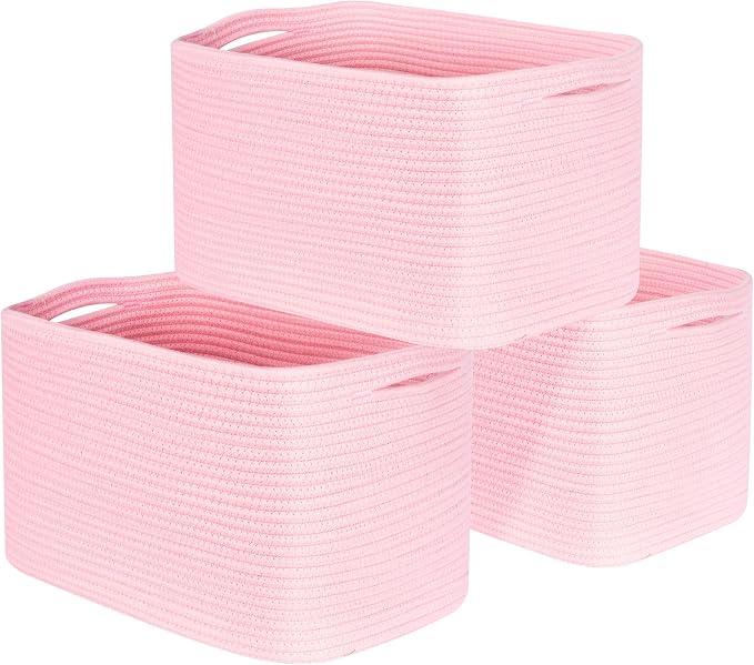 3-Pack Decorative Woven Storage Baskets for Shelves, Cube Bin Box for Organizing Books, Shoes, Dog Toys, Pantry Closet and Living Room Organizer, Soft Pink by MINTWOODDesign