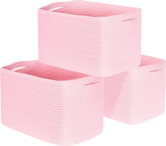 3-Pack Decorative Woven Storage Baskets for Shelves, Cube Bin Box for Organizing Books, Shoes, Dog Toys, Pantry Closet and Living Room Organizer, Soft Pink by MINTWOODDesign