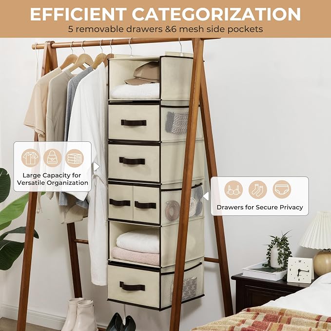 GRANNY SAYS Hanging Closet Organizer, 5 Drawers, 6 Shelves, 6 Pockets | Hanging Closet Organizer with 5 Different Drawer Designs, 6 Shelves & Reinforced Structure for Organized Small Space, Beiges - Image 5