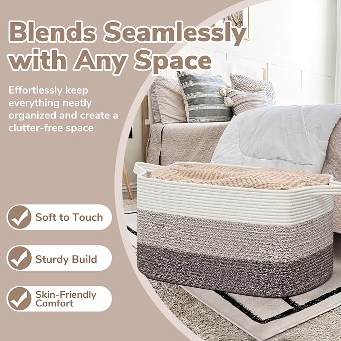 Goodpick Large Woven Rope Blanket Basket, Rectangle, White Brown | 21.6'' x 14.9'' x 11.8'' Storage Basket for Blankets & Toys, Living Room, Bedroom & Nursery Organization, Reinforced Handles - Image 5