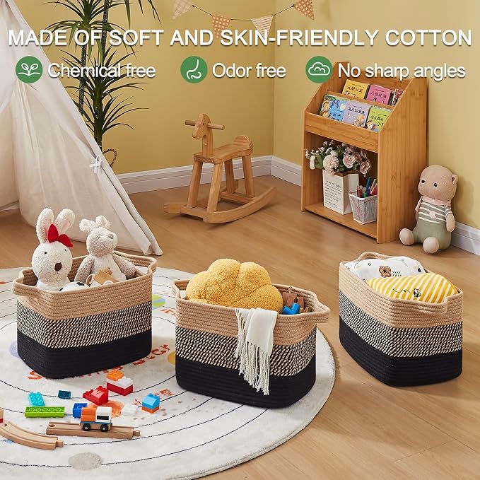 OIAHOMY Woven Storage Basket, Cotton Rope Baskets for Toys,Towel, Clothes, Used to Bathroom,Living Room,Nursery,Bedroom, 16"x12"x10"- Pack of 3, Black & Brown - Image 7