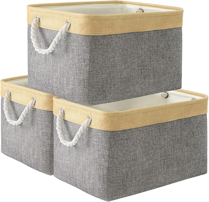 Storage Basket for Organizing - Fabric Large Cubes 3 Pack 16x12x12 inch Baskets, Cube Storage Bin for Shelves Organizer Closet Cloth Gift Toy (Gold & Grey) by TheWarmHome