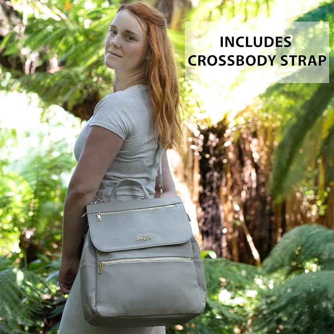 Premium Vegan Leather Diaper Bag Backpack – Large Designer Baby Bag, Stylish Diaper Backpack with Stroller & Crossbody Straps & Multiple Compartments (Ash Grey) - Image 6