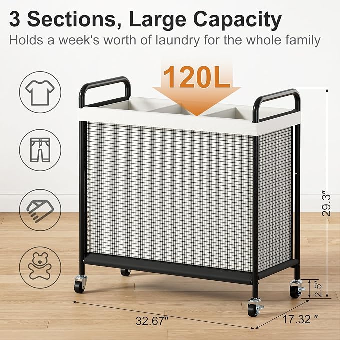 WOWLIVE Rolling Laundry Hamper 3 Section, 120L Laundry Basket with Wheels | Laundry Sorter with Metal Handle and Removable Bag, Clothes Hamper for Laundry Room, Bathroom and Dorm, Beige - Image 2