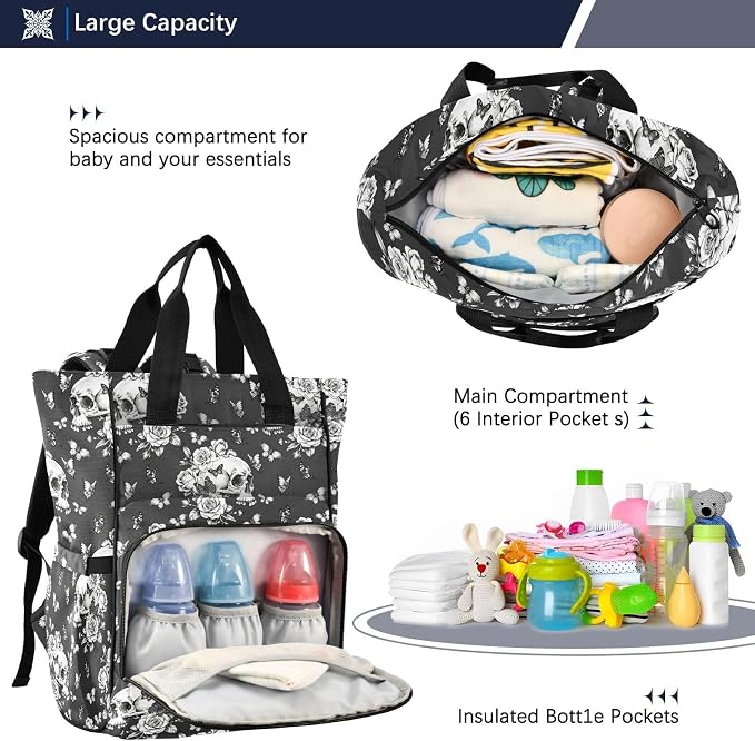 MNSRUU Diaper Bag Goth Skull Butterdlies Diaper Bag Backpack Multifunction Travel Diaper Bag Tote Large Capacity Diaper Changing Backpacks for Moms Dads - Image 5