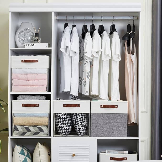 Storage Cubes, 4 Pack Linen Foldable Storage Bins (13 x 13 inch) with Clear Window and 2 Handles, Closet Organizers and Storage for Shelf Closet, Clothes, Books - (Gray and White) - Image 9