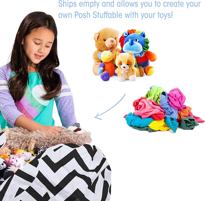 Posh Creations Kids Stuffed Animal Storage Bean Bag Chair Cover - Childrens Toy Organizer, Medium-27in, Canvas Chevron Black and White - Image 3
