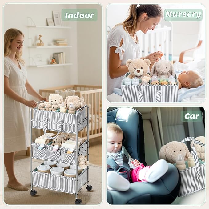 WILLBOND 2 in 1 Baby Diaper Caddy Organizer Cart, 3 Tier Large Stripe Bedside Rolling Cart Metal for Baby Essential with Divider for Newborn Registry Must Have Nursery Bedroom Mother Gift(Green) - Image 4