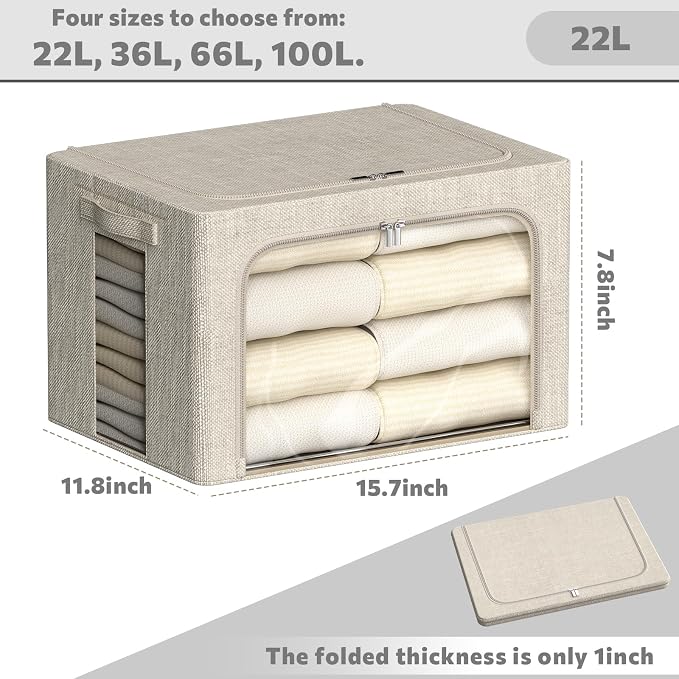 FHSQX 6 Pack Clothes Storage Bins with Metal Frame Foldable Storage Bins for Clothes Linen Fabric Storage Box with Clear Window (Beige, 15.7x11.8x7.8inch(22L)) - Image 3