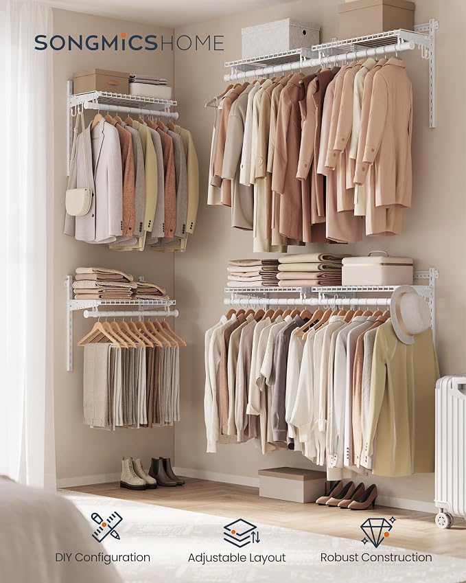 SONGMICS HOME Closet System, Closet Insert Organizer, 4-6 ft, Adjustable Metal Shelving Unit with 6 Hanging Rods, 6 Shelves, and Hooks, for Pantry Mudroom Garage Basement, Cloud White URGR032W01 - Image 2