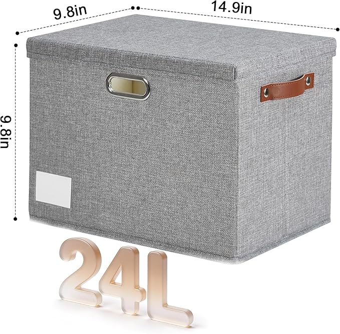 15" Fabric Storage Box with Lids, 3-Pack, Gray | Stackable, Foldable, 2 PU Handles and 2 Metal Handles, Decorative Fabric, For Home, Bedroom, Closet, Office, Nursery - Image 2