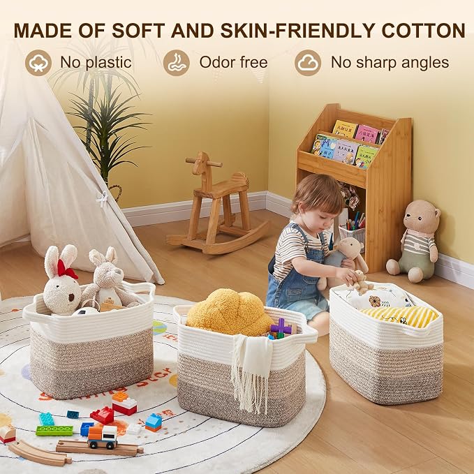 OIAHOMY Storage Basket, Woven Baskets for Storage, Cotton Rope Basket for toys,Towel Baskets for Bathroom - Pack of 3, Gradient Yellow - Image 3