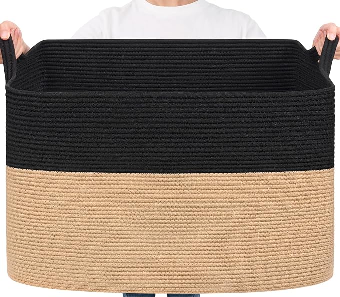 Goodpick 105L Extra Large Woven Blanket Basket Cotton Rope Storage Baskets for Organizing, Kids Toy Storage Organizer for Living Room Nursery, 25"x16"x16", Black & Jute by Goodpick