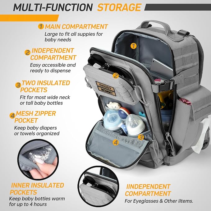 SHARKMOUTH Baby Diaper Bag for Dad - Military Diaper Backpack with Patches for Outdoor Hiking Travel Camping Park - Baby Shower Gifts Gray - Image 6
