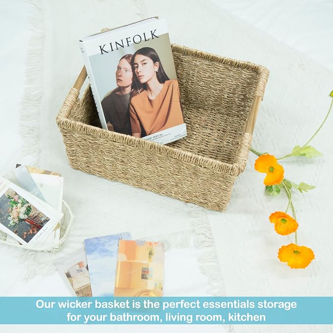 Large Wicker Basket Rectangular with Wooden Handles for Shelves, Seagrass Basket Storage, Natural Baskets for Organizing, Wicker Baskets for Storage - 3 Pack Large - Image 6