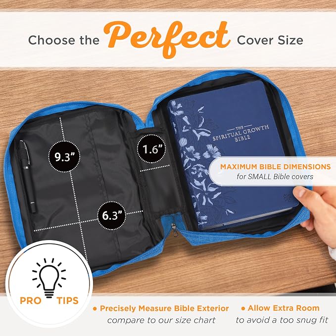 Christian Art Gifts Polyester Bible Cover for Men & Women w/Jesus Fish Patch, Zipper Pocket, Pen Loops, Easy Carry Book Case for Stationery, Accessories, Light Blue, Small - Image 9