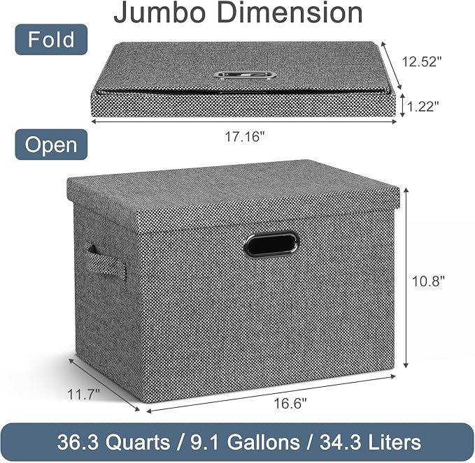 Storage Bins with Lids Fabric Closet Organizers Cubes Office Organization | 36 Quart 3 Pack Black and White Mix Collapsible Stackable Linen Fabric 4 Handles Bedroom Closet Cabinet Under Bed Clothes Toy - Image 2